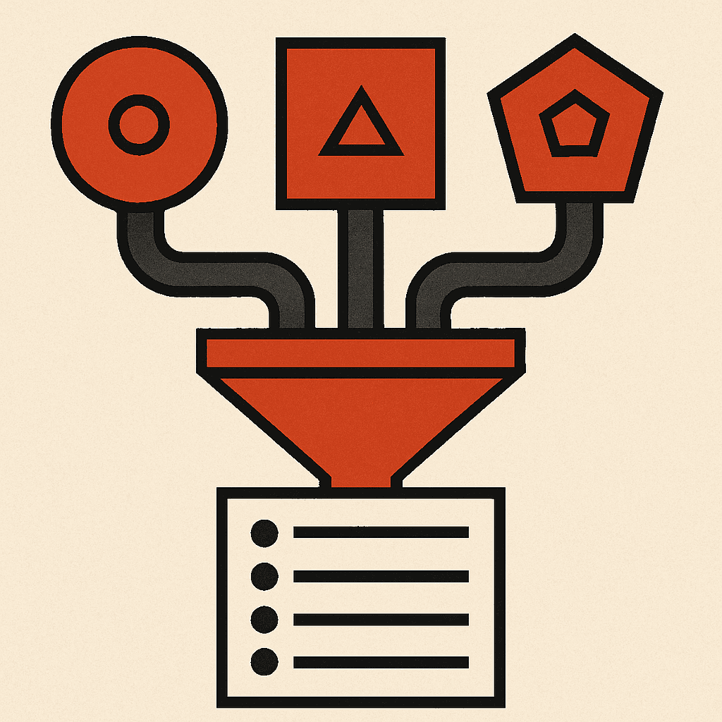 Brutalist illustration of three sources funneling into one clean de-duplicated feed