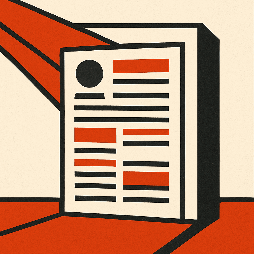 Brutalist illustration of a CV document being scanned by a beam of light