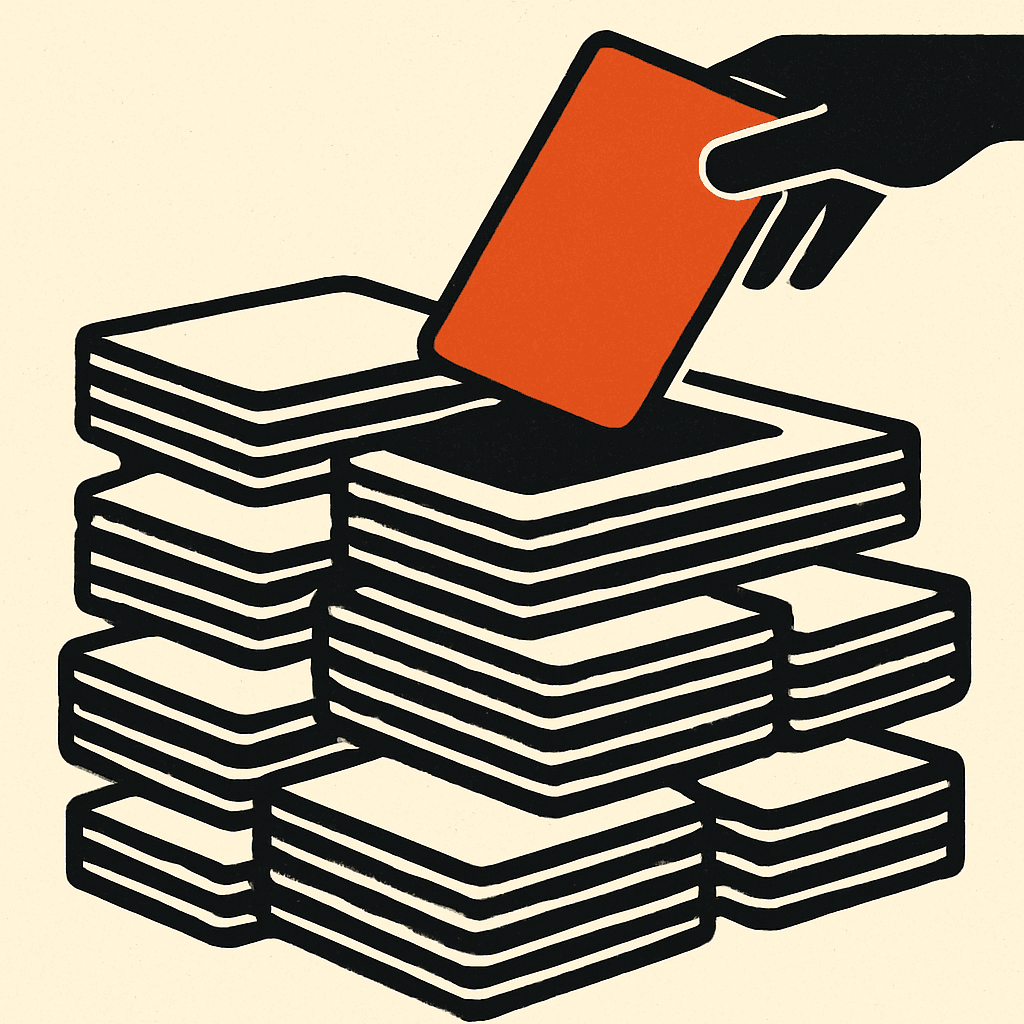Brutalist illustration of one relevant orange card lifted out of a large stack