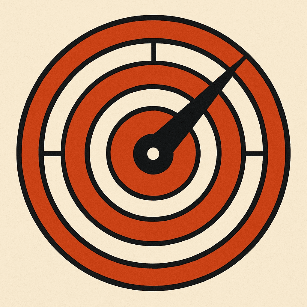 Brutalist illustration of a circular score gauge filling toward a high value